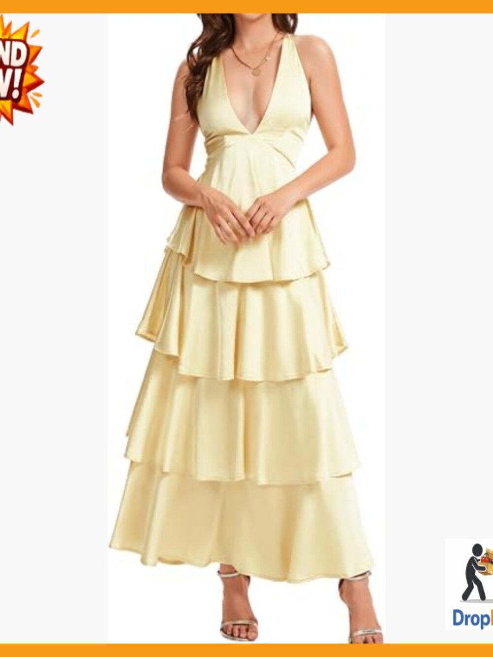 Ruffle Tiered Satin Maxi Dress Deep V Backless Formal Wedding Guest